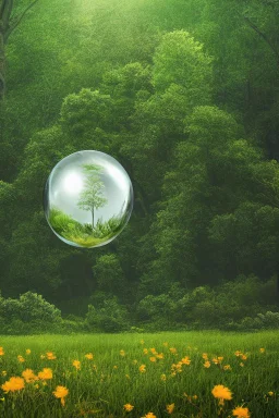 A translucent glasslobe floating in the middle, with photo-realistic forest, field, sea, flowers, birds and animals in the background Nikon D850 highly detailed digital painting sharp focus elegant 4k very attractive dynamic lighting award winning fantastic view 4K 3D crisp quality Unreal Engine