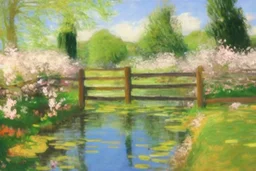 amazing sunny spring day, trees, flowers, fence, little pond, philip wilson steer impressionism painting