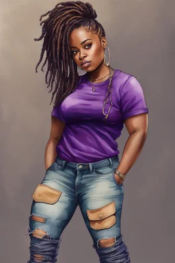 Create a watercolor image of a curvy black female wearing tight cut up jeans and a purple tshirt with timberland boots. Prominent make up with hazel eyes. Highly detail dread locs