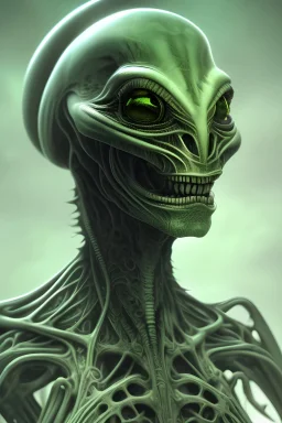 green alien, head, evil, black eyes, weapons, blood, 8k, finely detailed, photo realistic, HR Giger style
