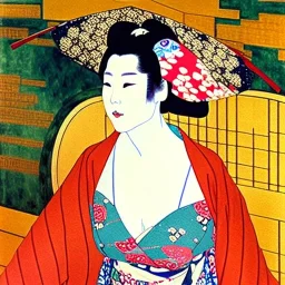 Retrato de cuerpo entero una Geisha Bella voluptuosa con kimono con el estilo de Gustav Klimt