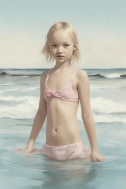 Illustration of model gemma ward as toddler,at the sea, bathing, bikini,style of Marcel Marlier, pastel colors