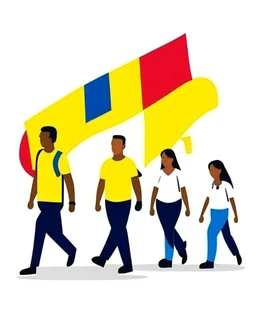 Ilustración vectorial de personas caminando con bandera de Colombia