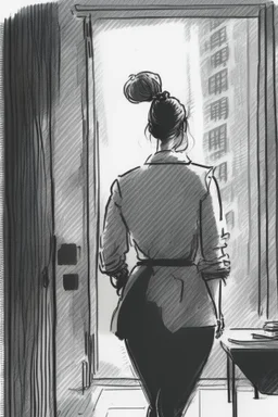 woman with a bun walking away out of someone's office with big windows sketch style