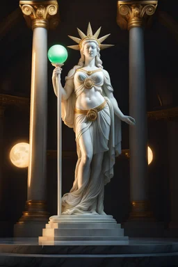 highly detailed marble and jade statue on a plint of the 40 year old roman goddess of the sun holding the sun in her hands. . sun halo around head. face of a model. beautiful legs. beautiful feet. tiny bosom. full body shot, volumetric fog, Hyperrealism, breathtaking, ultra realistic, unreal engine, ultra detailed, cyber background, Hyperrealism, cinematic lighting, highly detailed, breathtaking, stunning temple environment