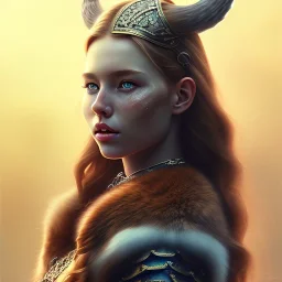 best quality similar to original picture, realistic lighting, masterpiece portrait of a pretty vikings girl petting a wolf, details, red hair, hazel brown eyes, light dusting of freckles, cowboy shot from above, simple chain hauberk, warhammerVector art matte painting digital