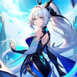 Clear focus, 8k, beautiful lighting, vibrant colors, girl, white long hair, vibrant blue eyes, messy hair, ponytail, honkai impact 3 outfit