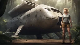 A photorealistic image of an adventurous, tall, slender, 50-year-old woman, dressed in brown shorts, a shirt and boots, stands proudly beside her huge, wide, wingless cargo spaceship. Her uncombed, blond hair has bangs. Standing on a metal box in a jungle clearing.
