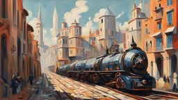 Train track with buildings and a carriage, Italian futurism style, in a cityscape.