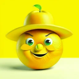 A lemon has eyes, legs, nose, and mouth, and it is smiling, cute, and beautiful, wearing a hat.