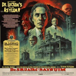 With the words "DR. LOCRIAN’S ASYLUM" on it, 1989 Cosmic Horror movie poster about the deconstruction of a sanitarium and the madness set loose by THOMAS LIGOTTI, Vintage Movie Poster art, dramatic retro psychological horror poster art, by Drew Struzan, by Godmachine, creepy, deep colors, movie credits listed on bottom.