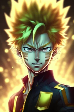 Detailed anime portrait of bakugo from my hero academia, gold hair and golden eyes, black suit, intricate details, full body portrait, keep head in frame, slight smile, black Japanese motif, concept art, highly detailed, digital painting, concept art, sharp focus, illustration, art by Yoji Shinkawa, WLOP and greg rutkowski and alphonse mucha and artgerm and yanjun Chen and Junji ito and Makoto Shinkai, HDR, octane render