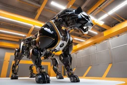 Wide angle magitek robotic Black Jaguar, biomechanical, creature, space, zoom out, whole frame,workshop background