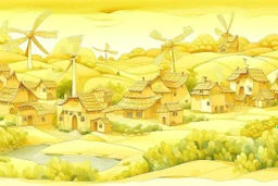 A light yellow village with windmills designed in ancient Greek pottery painted by Guo Xi