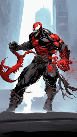 A close picture of Venom symbiote with kratos red tattoos and Clothes, holding blade of choice