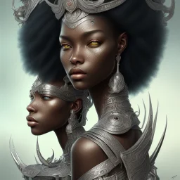 sango fantasy, fantasy magic, intricate, sharp focus, illustration, highly detailed, digital painting, concept art, matte, masterpiece head sexy view black African beauty black afro hair space lady silver dragon skin African princess facing forward