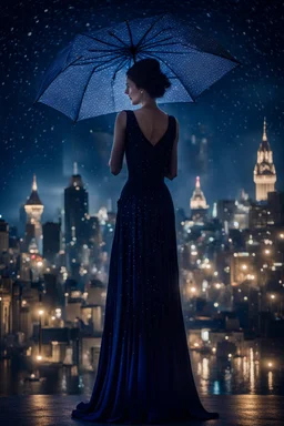 Under a starry umbrella and cityscape long dress, she’s the queen of the night, dark deep colours, starry dark blue sky, high sharped, dtelied, cinematic, atmospheric, weird, crepy stunning