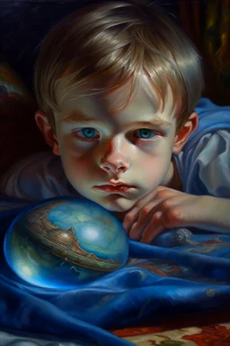 book cover, oil painting portrait of metallic sleeping slightly cute smirking innocent blue eyed vampire holding small earth on a platter on a towel, bokeh , high detail, smooth render, prize winning, down light, depth of field, aura, in wind