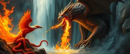 fire smoke and fog and light rays, phoenix octopus bird witch bear dragon in icy waterfall looks beyond really powerful slapping a bird in the face with fire, fantasy illustration, in the style of Rembrandt