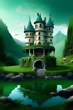 A futuristic abandoned castle in between of green mountains with a pond in it and a cat with two legs standing on one leg