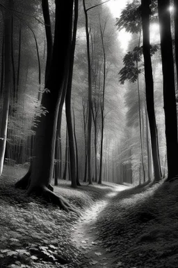 Autumn forest path in the style of Ansel Adams