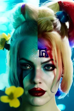 Eva Herzigova Harley Quinn underwater with yellow flowers for hair, closed eyes, rtx, reflection, 8k, glow, winning photography, caustics