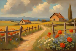 Fence, flowers, mountains, rocks, dirt road, distant house, clouds, nostalgy and holiday influence, ernest welvaert, hans am ende, and walter leistikow impressionism paintings