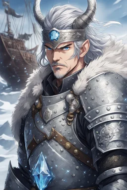 in anime style,1older man, a older man with blue eyes and black hair man in silver Viking armor with fur around the neck with blue crystal on his chest holding an axe in his hands standing on a pirate ship in the artic, warrior in anime style,