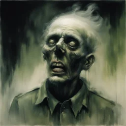 Ghostly apparitional anguished Zombie spirit of a WWI soldier by Stephen Gammell, dramatic, impressionism, drab green and black color scheme, memento mori