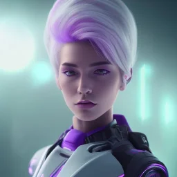 Cute girl white hair, Sci-fi character, purple backlight, pink and purple, scifi suit, profile, purple background, pink lighting, futuristic