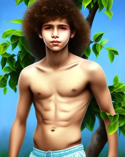 beautiful 12 year old arabic boy with long, curly hair and light blue eyes, smiling, shirtless, in front of a distant mango tree