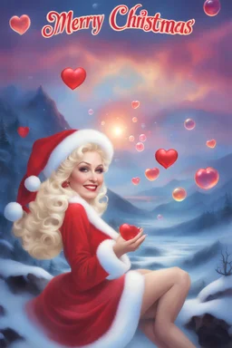 Christmas Themed -- text "Merry Christmas," Multicolored 3D Bubbles, multicolored, Floating 3D hearts with an electrical current, fog, clouds, somber, ghostly mountain peaks, a flowing river of volcanic Lava, fireflies, a close-up, portrait of Dolly Parton as Mrs. Santa Claus, smiling a big bright happy smile, wearing a red bikini with white ruffles, black fishnet stockings, black, knee-high platform boots, in the art style of Boris Vallejo