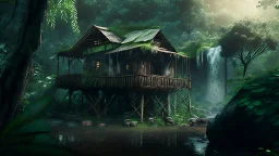 primitiv house by a big water falls in a karstic rain forest