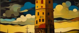 A brownish bronze tower in a windstorm designed in Kuna molas painted by Wassily Kandinsky