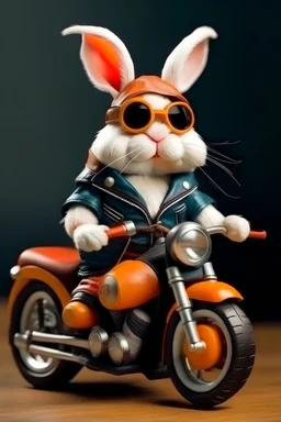 Dwarf rabbit glasses and wearing clothes with a bag and motorcycle