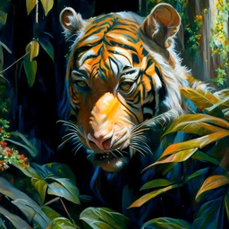 close up of an almost invisible Tiger HIDDEN behind amongst jungle leaves, oil on canvas in the style of Daniel Gerhartz