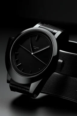 : Generate an image of a sleek, all-black ceramic watch displayed against a minimalist backdrop, showcasing its elegant design.