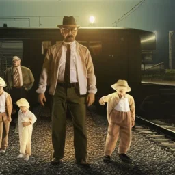 Walter White and his family with a train, 8k, realistic body, with a fedora, at night background,