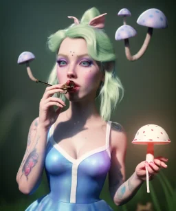 Ultra realistic wonderland photo, happy blonde Alice smoking a pipe, blue dress, white rabbit pet, circus dress style, old school tattoo, smoke, marijuana garden, glow eyes, perfect iris, little mushroom balloons, soft color, highly detailed, unreal engine 5, ray tracing, RTX, lumen lighting, ultra detail, volumetric lighting, high definition.