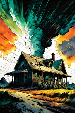 create a dreamscape illustration of a farmhouse hurled aloft in a massive tornado , with highly detailed features, in the comic art style of FRANK MILLER and BILL SIENKIEWICZ, searing lines and forceful strokes, precisely drawn, boldly inked, with gritty textures, vibrant colors, dramatic otherworldly lighting