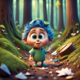 a very little Cute Figure, with cute face, collects trash in the forest, pixar, disney style