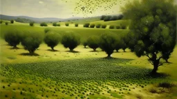 An olive green field with stinky flies painted by Claude Monet