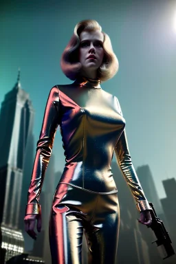 Ultra Realistic retro sci-fi portrait New York image from 1960, many spaceships, sweet young Jane Fonda, tight latex suit, weapon, fighting stance, soft color, highly detailed, unreal engine 5, ray tracing, RTX, lumen lighting, ultra detail, volumetric lighting, 3d, finely drawn, high definition, high resolution.