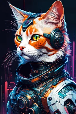 Ilustración lineal arte conceptual de un gato Calicó cyberpunk elegante, hiperdetallada, increíble obra de arte, colores complementarios, maximalista