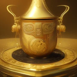 Gold Pot like a witch's pot full of gold coins,extremely detailed digital,painting, extremely detailed ,perfectly centered image, perfect composition, rim light, beautiful lighting,masterpiece,8k, stunning scene, raytracing, anatomically correct,, in the style of studio ghibli,Ohrai Noriyoshi,Ultra detailed