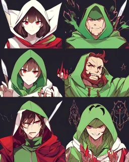 Short brown hair, red eyes who wears a green blouse open with its hood, holds a bright red knife, Smile insanely and very angry, Aspect that shows that the character is a villain, Aspect that shows that the character is a villain, dark background Very dark, and HQ Manga style He is a man but resembles a woman, show only 1 character.