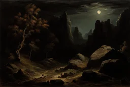 Night, rocks, trees, begginer's landscape, horror gothic movies influence, friedrich eckenfelder, and pieter franciscus dierckx impressionism paintings