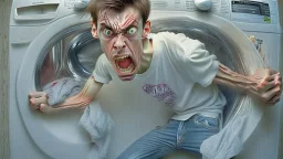 very skinny and sickly young man angry and can't lift damaged washer and dryer