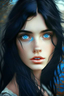 beautiful girl, black hair, blue eyes, outdoors