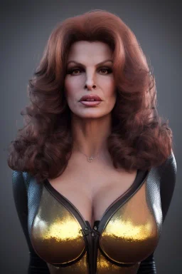 Raquel Welch as evil queen in black leather gown, angry, busty, curvey, cleavage, unreal 5, octane render,cinema4d, dynamic lighting, dramatic lighting, 4k, redshift render, highly detailed, hyper realistic